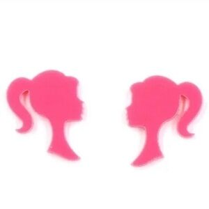 NWOT Barbie Hot Pink Classic Girly Plastic Doll Silhouette Stud Pair Earrings